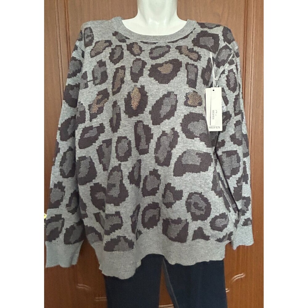 Womens L/XL Gray Leopard Print Cashmere Blend Elrgant Sweater Cozy Soft Pulover